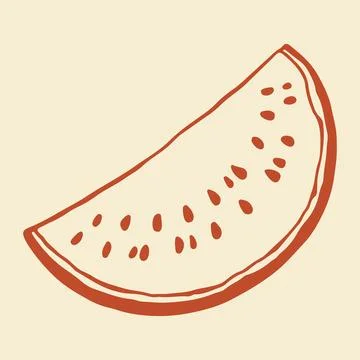 Vector illustration of a curved slice of ripe watermelon with seeds. Hand drawn Stock Illustration