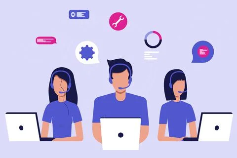 Vector illustration. Customer service, hotline operators consult customers Stock Illustration
