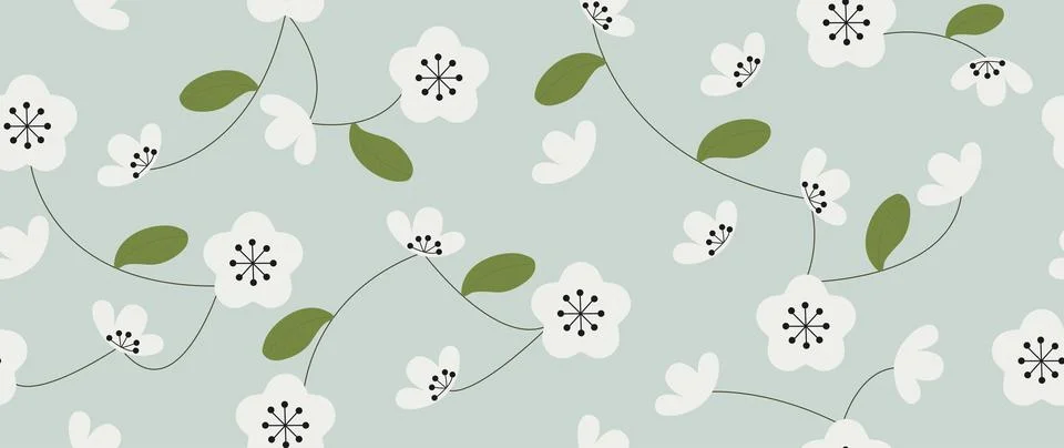 Vector illustration. Cute abstract white flowers with green leaves. Modern Illustrazione stock
