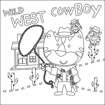 Vector illustration of Cute animal cowboy with lasso and and horse. Stock Illustration