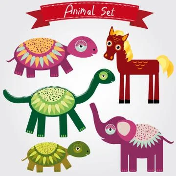 Vector illustration of cute animal set horse, elephant, turtle, dinosaur 스톡 일러스트