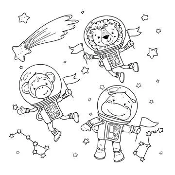 Vector illustration of cute animals astronauts doodle style hand drawing. Illustrazione stock