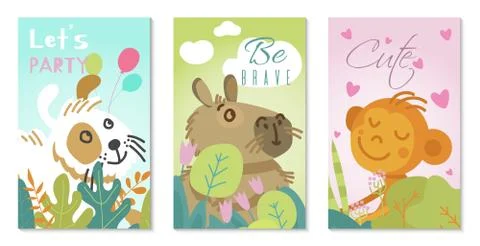 Vector illustration of cute animals rabbit, pig and monkey. Text invitations and 스톡 일러스트
