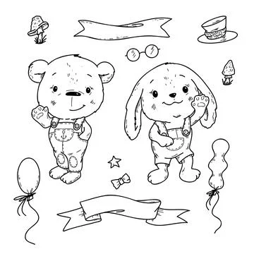 Vector illustration of a cute bear and bunny in doodle handdraw style Stock Illustration