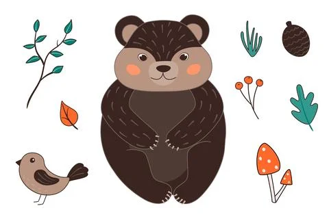 Vector illustration with cute bear, bird, mushrooms, cone, twig in cartoon .. Stock Illustration