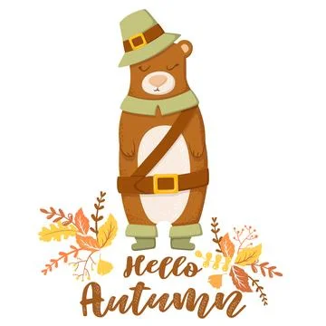 Vector illustration with cute bear character, lettering and autumn leaves i.. Stock Illustration