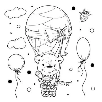 Vector illustration of a cute bear in a hot air balloon in doodle handdraw style Stock Illustration