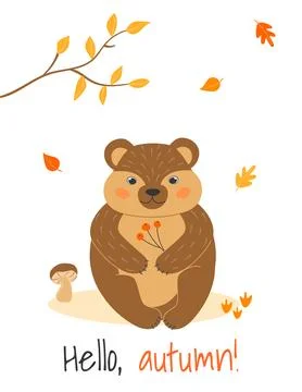 Vector illustration with cute bear, mushroom and leaf fall in cartoon style.. Stock Illustration