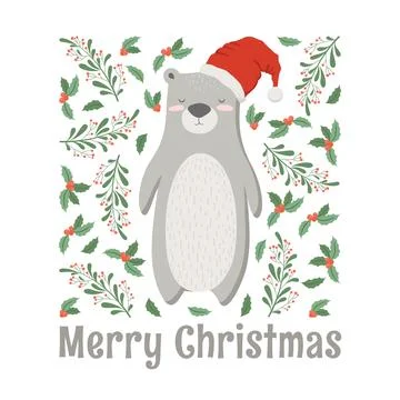 Vector illustration with cute bear in Santa hat, lettering Merry Christmas,.. Illustrazione stock