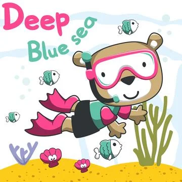 Vector illustration of cute bear in snorkel mask diving in the sea. Can be .. Stock Illustration