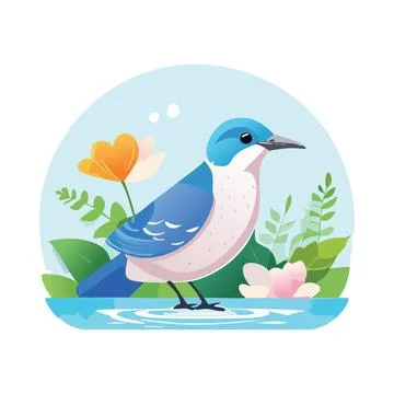 Vector illustration of a cute bird on a background of flowers. Flat style. Stock Illustration