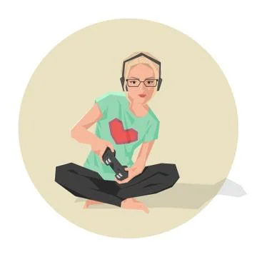 Vector illustration of a cute blond geek girl playing video games. Stock Illustration