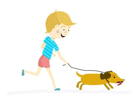 Vector illustration of a cute boy and dog. Child character walking and running Stock Illustration