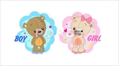 Vector illustration of a cute boy and girl teddy bears PSD Template
