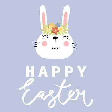 Vector illustration of cute bunny with bright eggs. Happy Easter greetings text Illustrazione stock