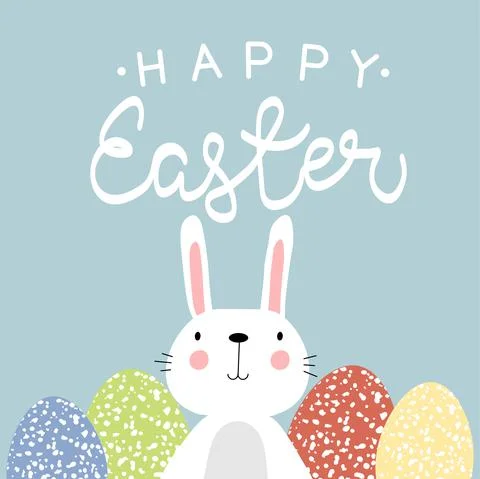 Vector illustration of cute bunny with bright eggs. Happy Easter greetings text Stock Illustration