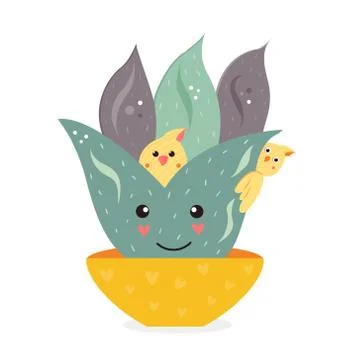 Vector illustration of cute cactus and birds Stock Illustration