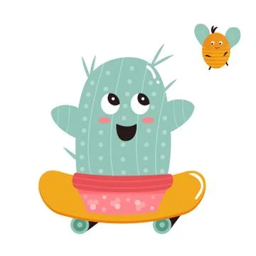 Vector illustration of cute cactus and bumblebee Stock Illustration