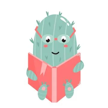 Vector illustration of cute cactus reading a book Stock Illustration