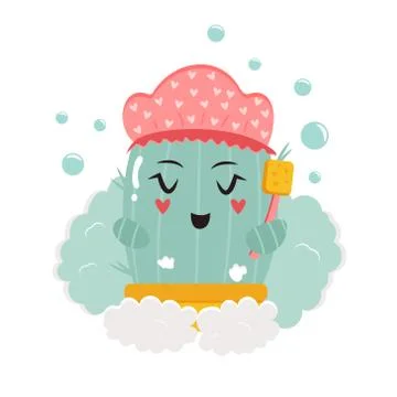 Vector illustration of cute cactus taking shower Stock Illustration