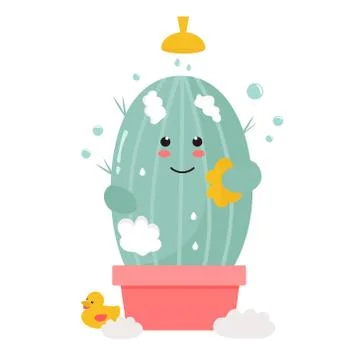 Vector illustration of cute cactus taking shower Stock Illustration