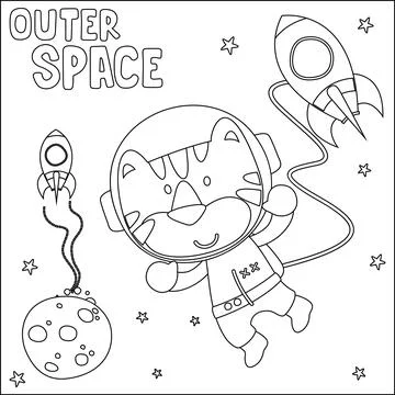 Vector illustration of cute cartoon astronauts little tiger in space, Stock Illustration