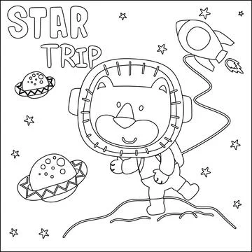 Vector illustration of cute cartoon astronauts little lion in space, Stock Illustration