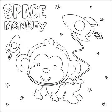 Vector illustration of cute cartoon astronauts little monkey in space, Stock Illustration