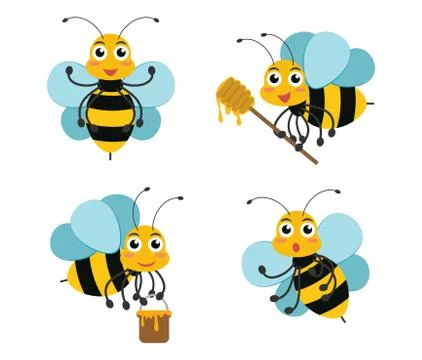 Vector illustration of cute cartoon bee character mascots set Stock Illustration