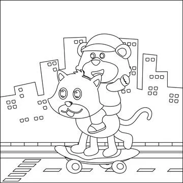 Vector illustration of cute cat and bear on skate board. Cartoon isolated Stock Illustration