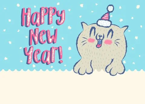 Vector illustration of a cute cat for New year in hand drawing kawaii style.. Stockillustratie