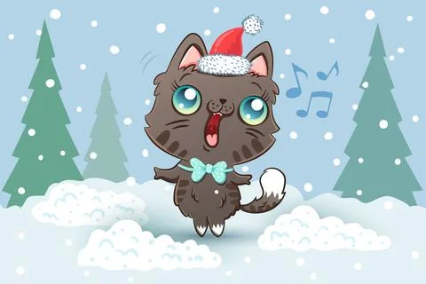 Vector illustration of a cute cat in Santa hat for Christmas 库存插图