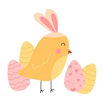 Vector illustration of cute chick with easter eggs Stock Illustration