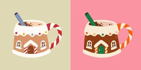 Vector illustration of cute Christmas mug shaped like gingerbread houses with Stock Illustration