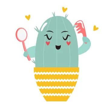 Vector illustration of cute combing cartoon cactus Stock Illustration
