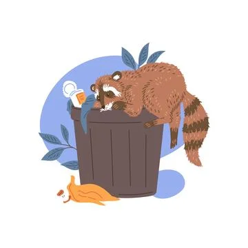 Vector illustration of cute curious racoon climbs in a trash can with hundreds Stock Illustration