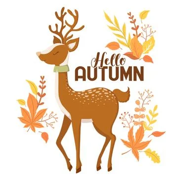 Vector illustration with cute deer character, lettering and autumn leaves i.. Stock Illustration