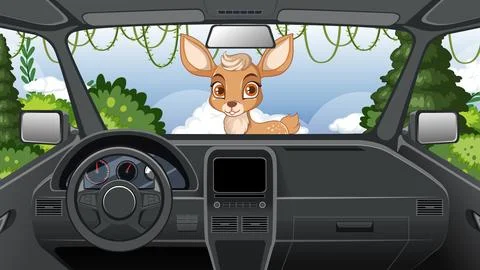 Vector Illustration of a Cute Deer Looking into a Vehicle Interior Ilustração Stock