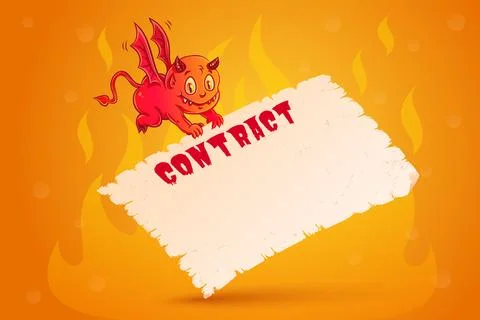Vector illustration of a cute devil with contract. Devil contract is on old.. Stock Illustration