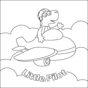 Vector illustration of cute dinosaur pilot flies in the sky on an airplane Stock Illustration