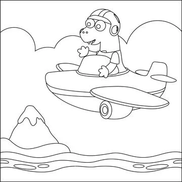 Vector illustration of cute dinosaur pilot flies in the sky on an airplane Stock Illustration