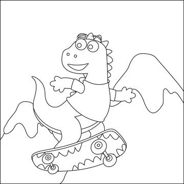 Vector illustration of cute dinosaurs on skate board. Cartoon isolated Stock Illustration