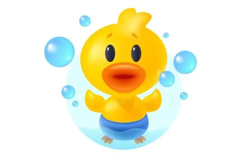Vector illustration of cute duck with bubbles in bathroom in realistic styl.. Stock Illustration