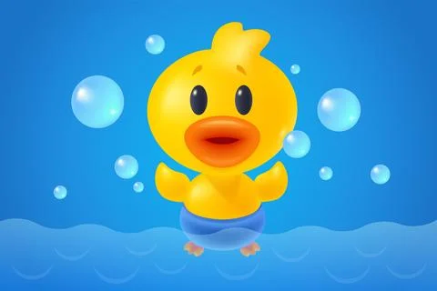 Vector illustration of cute duck with bubbles in bathroom in realistic styl.. Stock Illustration