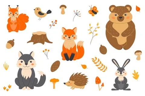 Vector illustration with cute forest animals in cartoon style. Squirrel, fo.. Stock Illustration