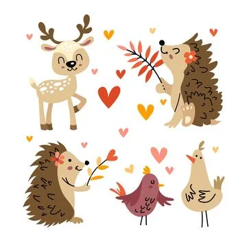 Vector illustration of cute forest animals including deer, hedgehog and bir.. Stock Illustration