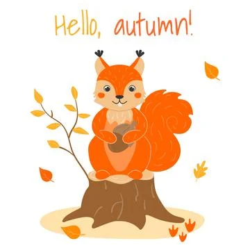 Vector illustration with cute forest animals and plants in cartoon style. F.. Stock Illustration