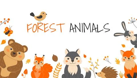 Vector illustration with cute forest animals and plants in cartoon style. F.. Stock Illustration