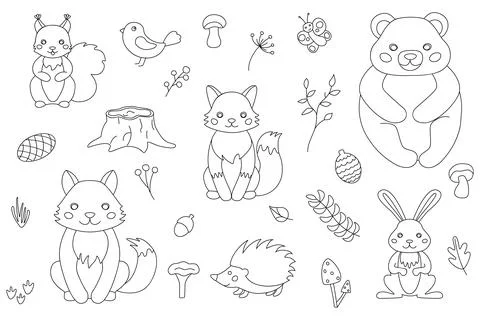 Vector illustration with cute forest animals in the style of linart. Stock-Illustration