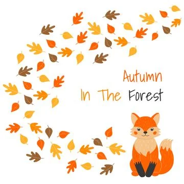 Vector illustration with cute fox and leaf fall in cartoon style. Stock Illustration